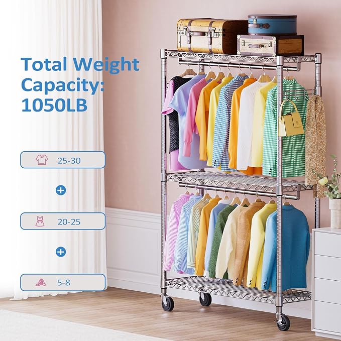 IZEUK 3-Tier Heavy Duty Rolling Garment Rack, Chrome Metal Freestanding Closet - Image 4