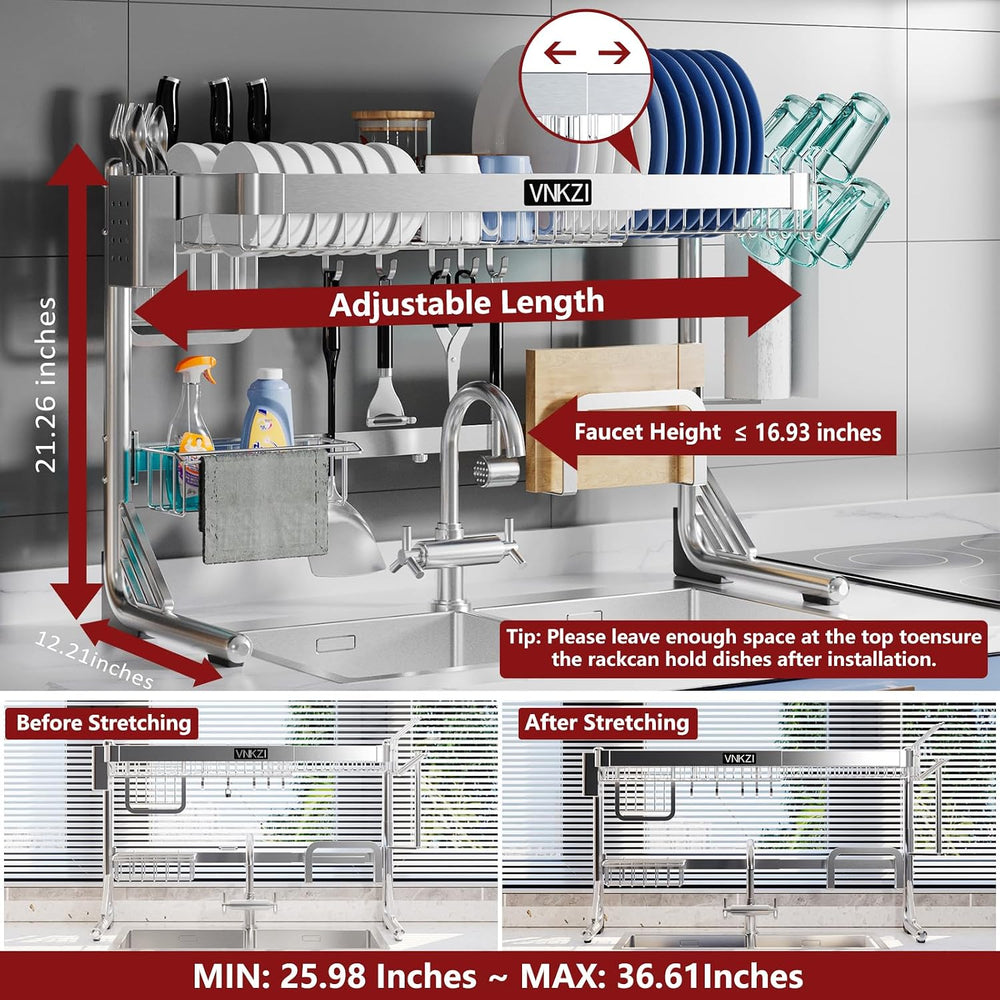VNKZI Over Sink Dish Drying Rack, 2 Tier Full Stainless Steel Storage Adjusta...