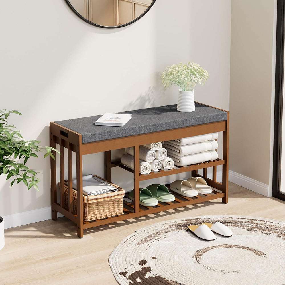Shoe Rack Bench for Entryway, Bamboo Shoe Storage Bench with Cushion
