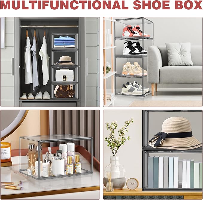 4 Pack Grey Shoe Storage Boxes Clear Plastic Stackable Shoe Display Case - Image 6