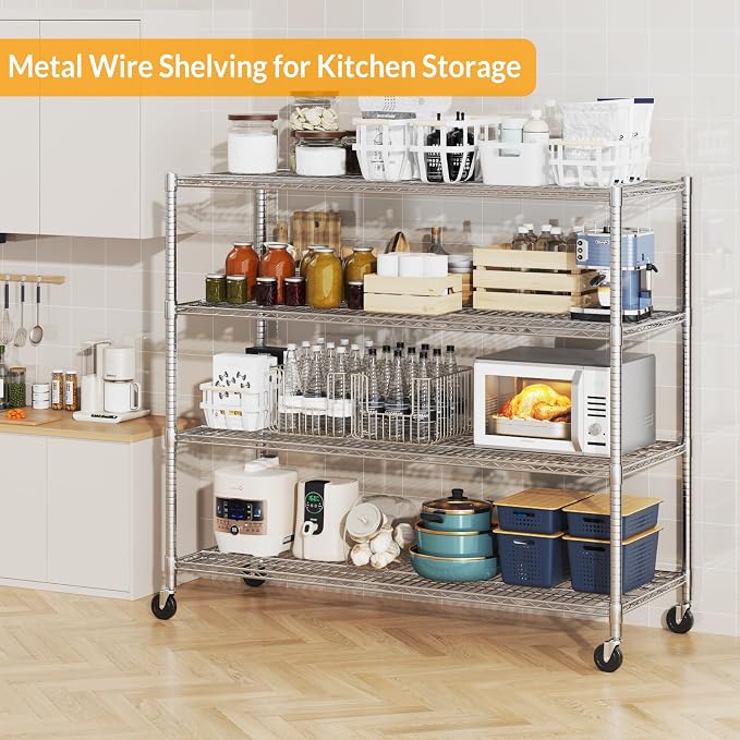 Himimi Storage Shelves with Wheels, 4-Tier Heavy Duty Steel Wire Rack Storage