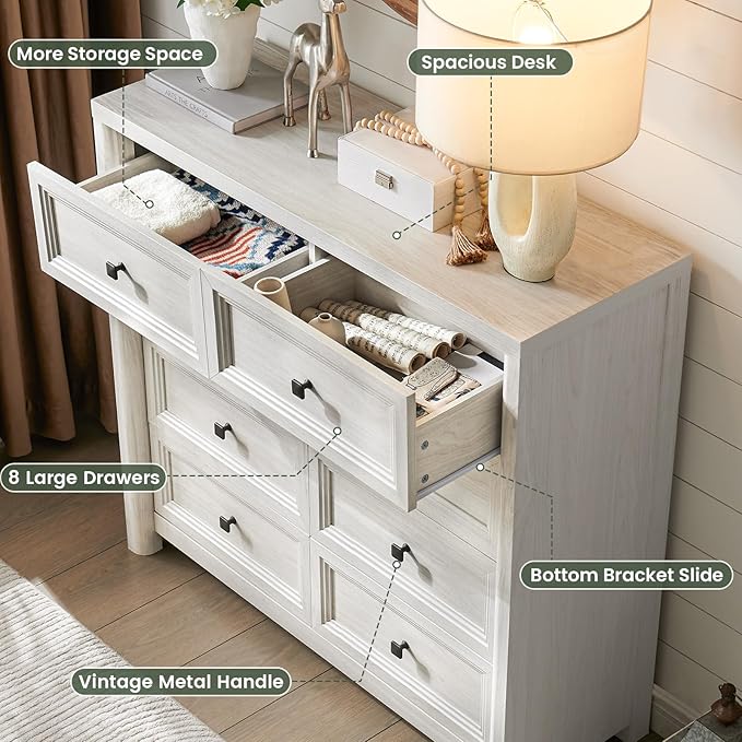 41" Tall White Dresser, Farmhouse 8 Drawers Dressers - Image 6