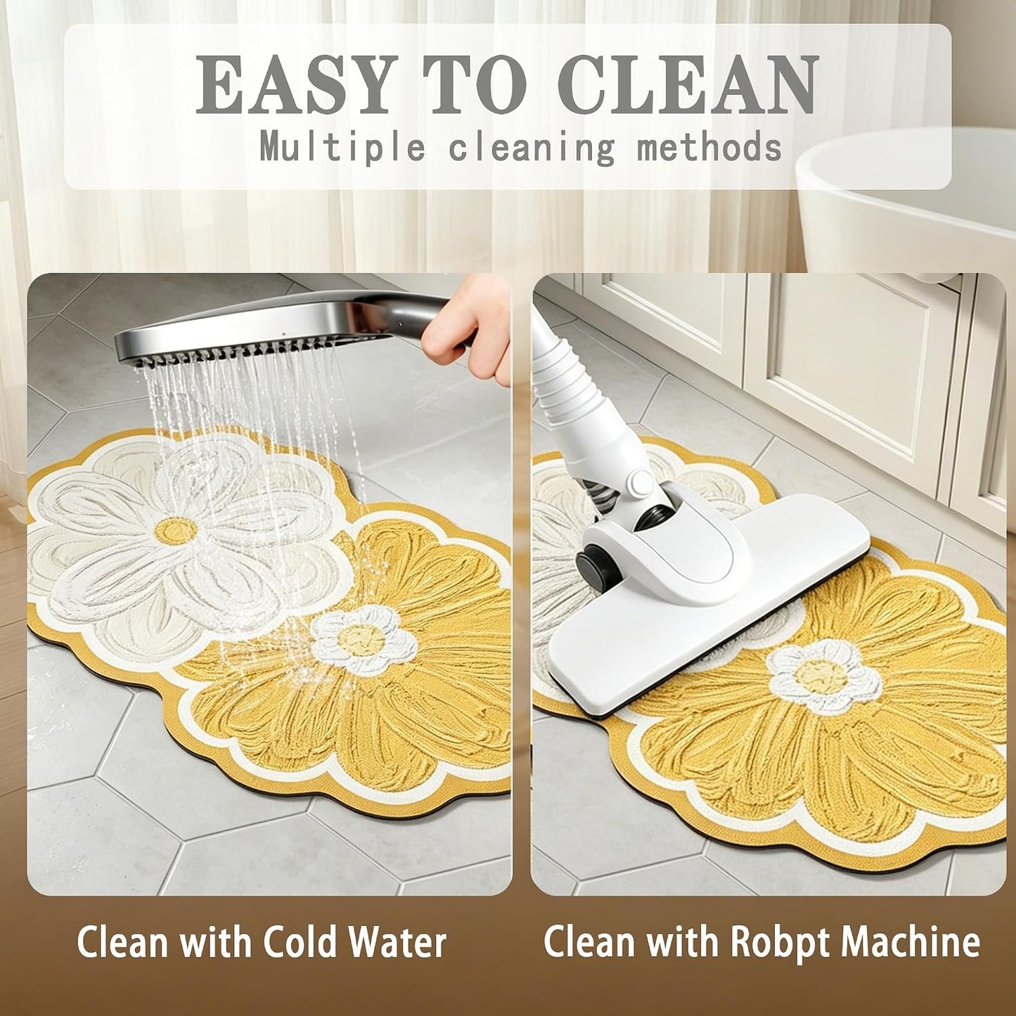 Yellow Daisy Shaped Bath Mat 20"x32", Faux Leather Non Slip Bathroom Rug, Super Absorbent & Easy Clean Shower Mat for Tub, Shower, Bathroom Floor, Vanity