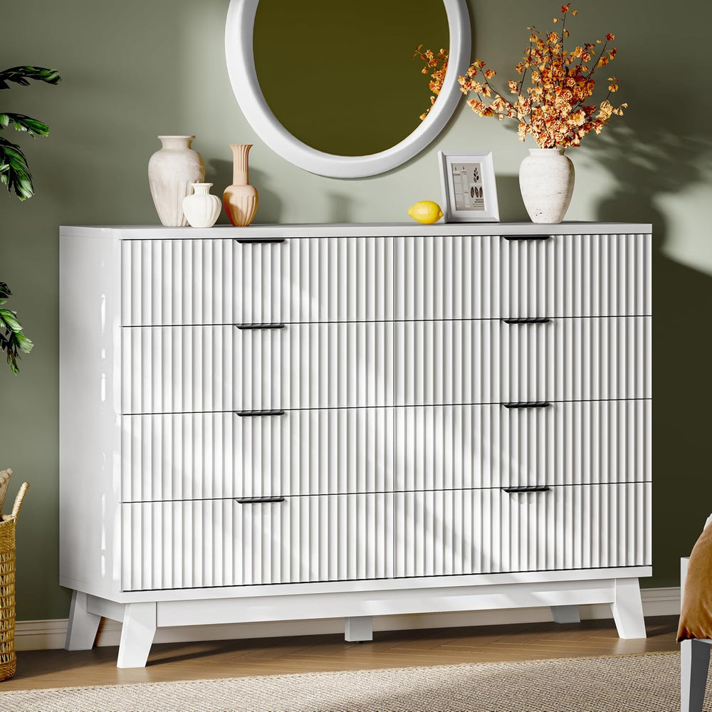 Fluted Dresser with 8 Drawers, Wooden Dresser TV Stand, Wood Closet Clothes