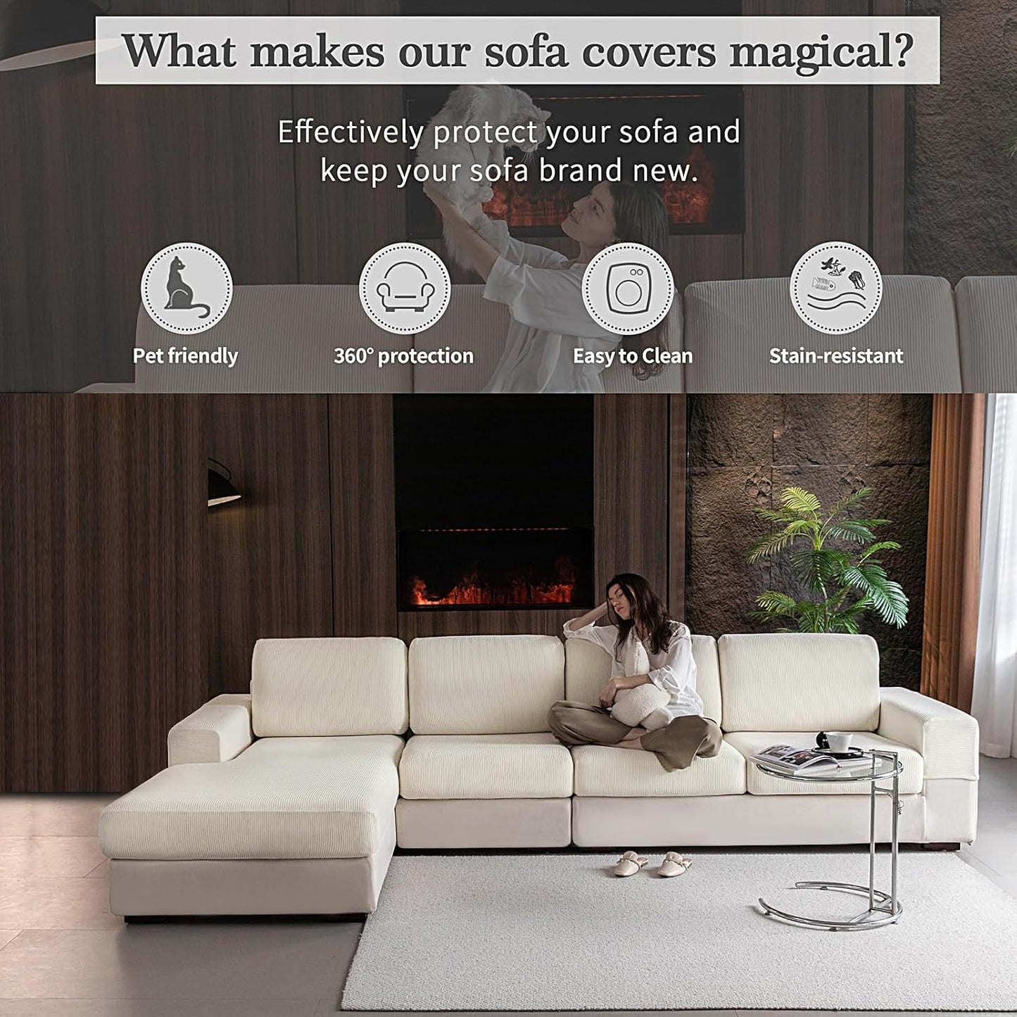 OHSIO Sectional Couch Covers, Wear Resistant Stretch Sofa Covers Washable Soft Couch Cushion Covers Anti Slip Furniture Protector Sofa Slipcovers for Pets (1 Piece Back Couch Cover, Ivory)