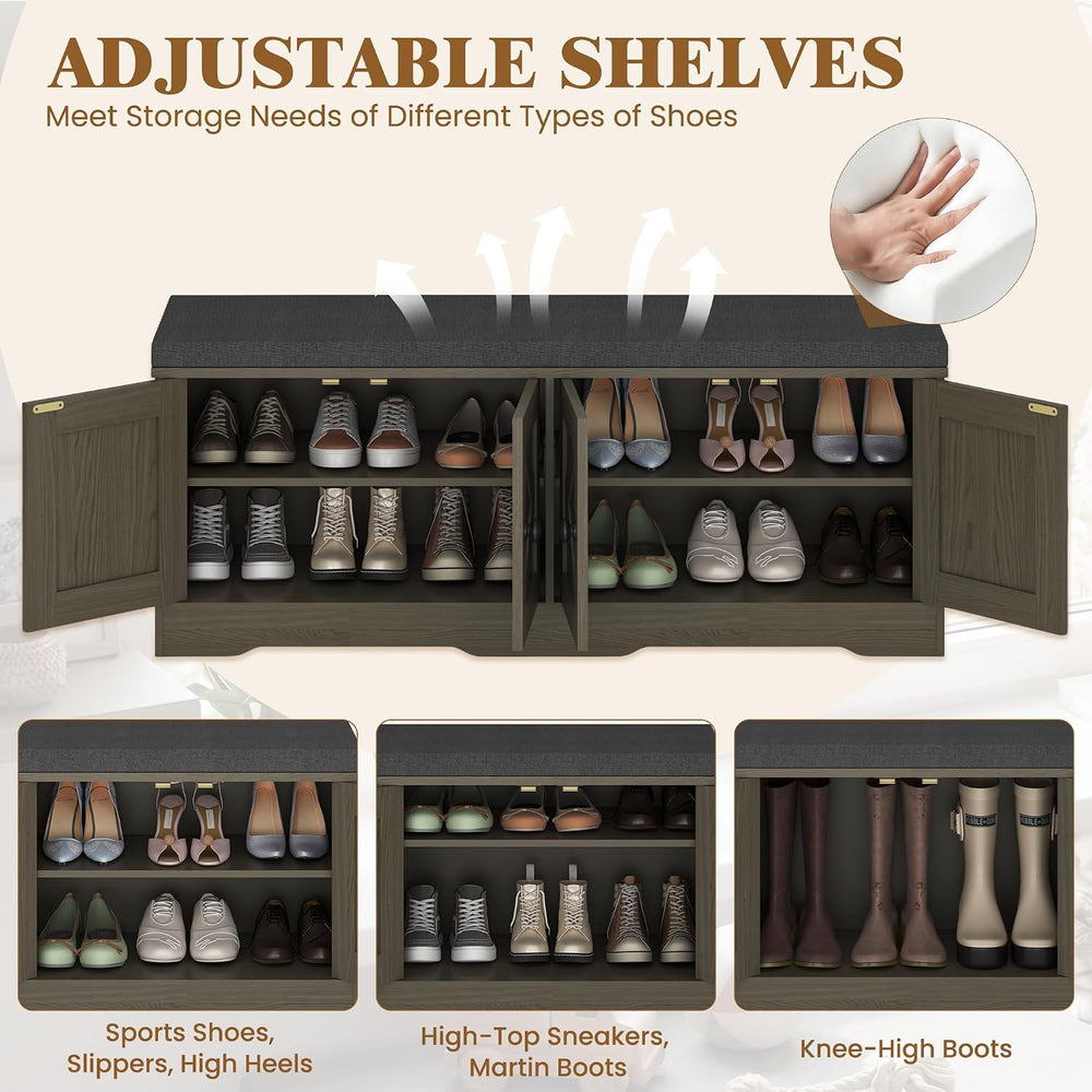 Apicizon Storage Bench with Seat Cushion, 2 Tier Entryway Bench with 4 Barn D...