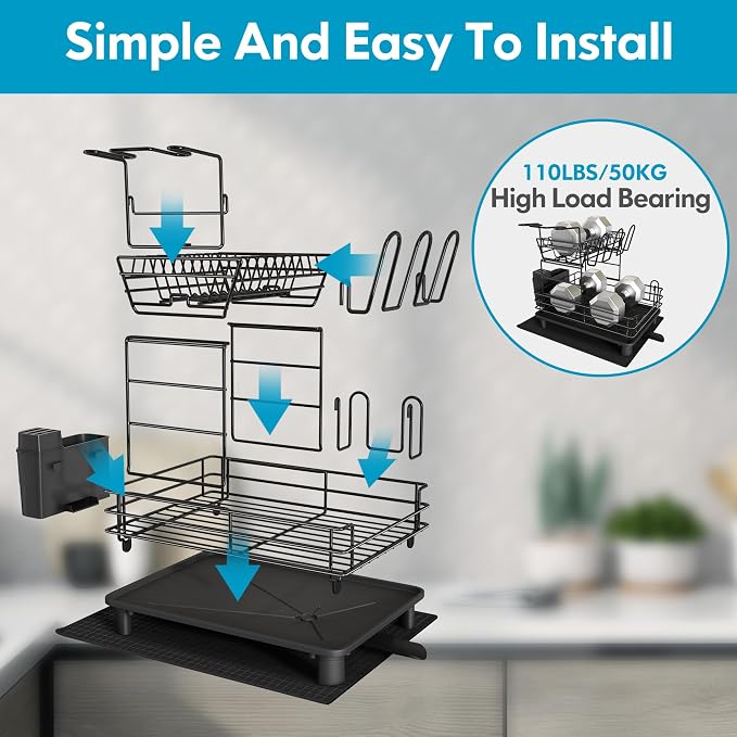 JASIWAY 2 Tier Black Large Stainless Steel Dish Drainers Drying Rack - Image 5