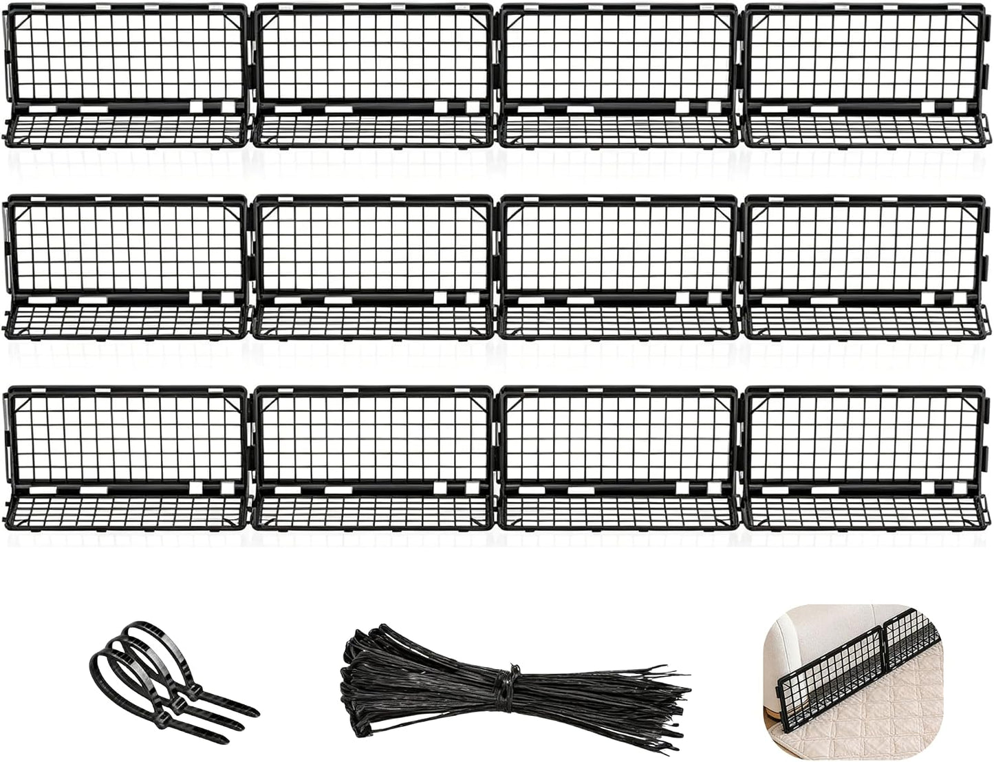 12 Pack Adjustable Under Bed Blocker for Pets - Plastic Couch Barrier with Cable Ties, Black Furniture Gap Blockers to Stop Dogs Cats from Crawling Under Sofa, Under Bed Toys Blocker for Kid