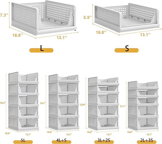 Proarea 5 Pack Stackable Plastic Storage Basket Closet Organizer Bin Foldable - Image 3
