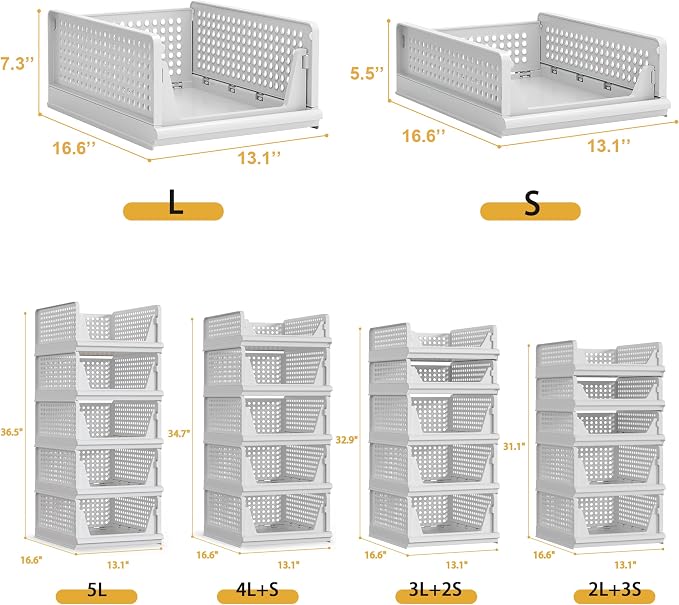 Proarea 5 Pack Stackable Plastic Storage Basket Closet Organizer Bin Foldable - Image 3