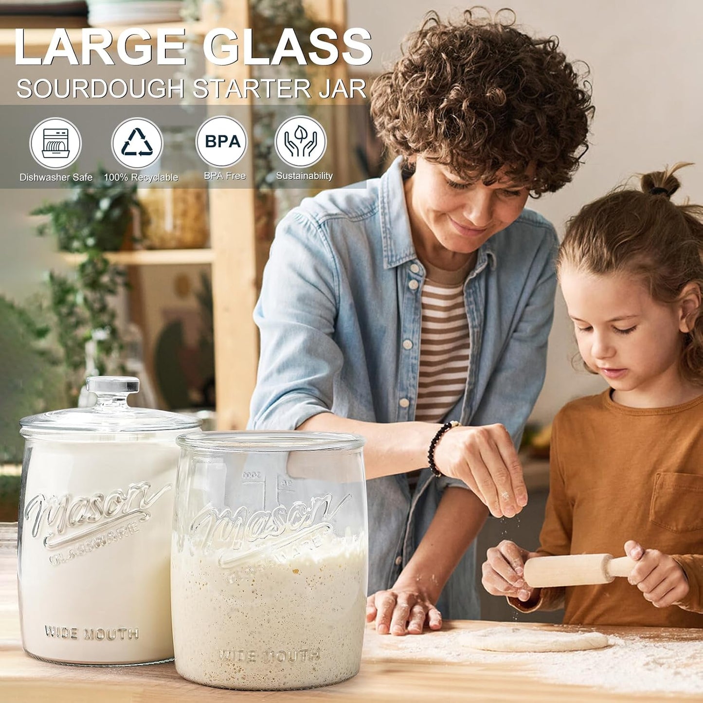 2 Pack Cookie Jar, 1 Gallon Glass Jar with Airtight Lids for Flour | Large Wide Mouth Mason Jar for Kitchen Pantry & Laundry Room, Glass Apothecary Canister Sets for Candy, Rice, Coffee, Display