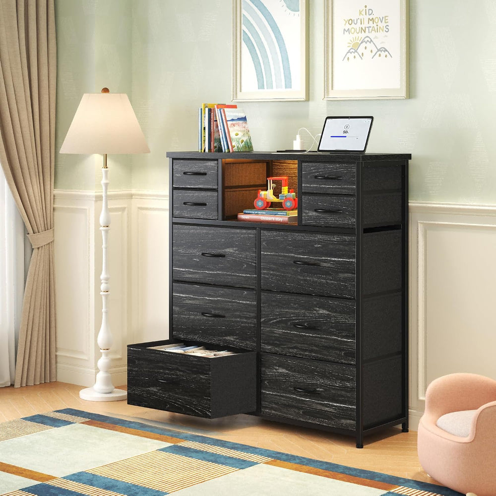 Romorgniz Black Dresser for Bedroom with 10 Drawers, LED & Charging Station