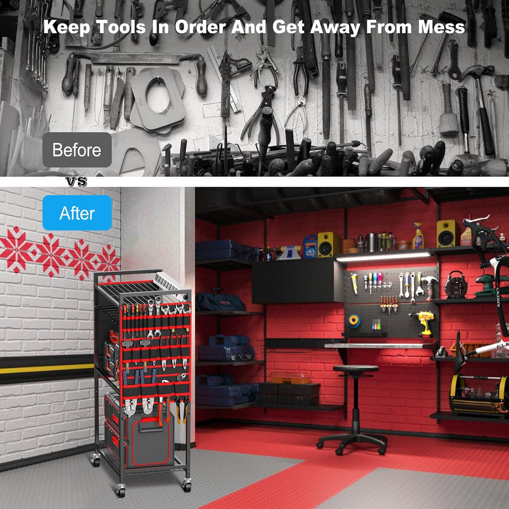 JUNNUJ Power Tool Organizer Cart with Charging Station, 6 FT Cord, Red