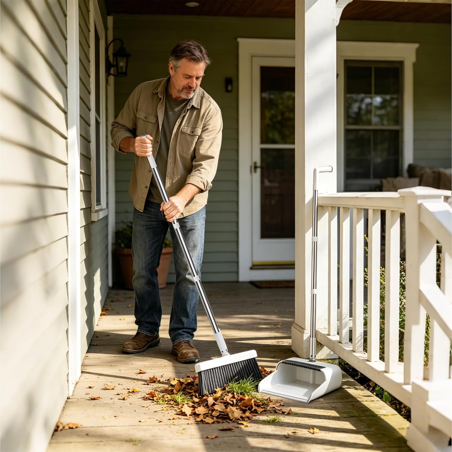 Household 53'' Broom and Dustpan Combo Set, Extra Long Handle Broom and ZeroGap Dustpan Sets with Teeth, Upright Storage Broom and Dustpan Sets for Home and Kitchen Off White