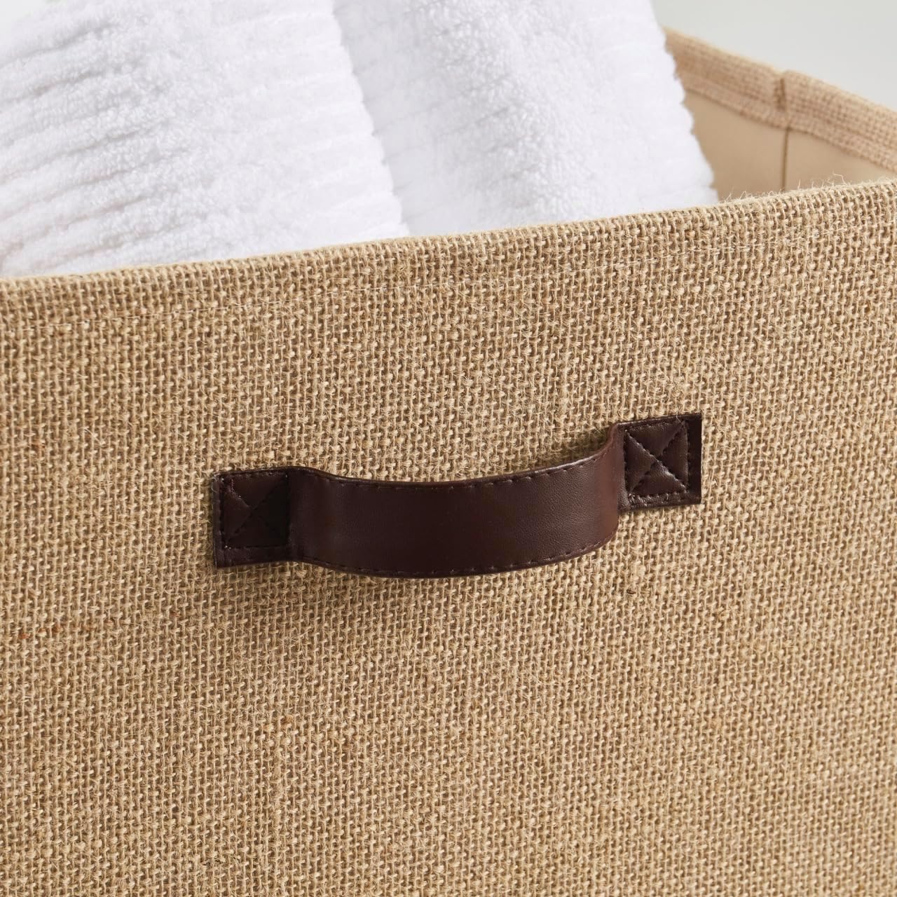 Ornavo Home 10.5x10.5 Jute Storage Cube Bins, 6 Pack, Leather Handles | Foldable Collapsible Fabric Shelf Basket Organizer; Ideal for Closet Storage; Storage Cube Organizers