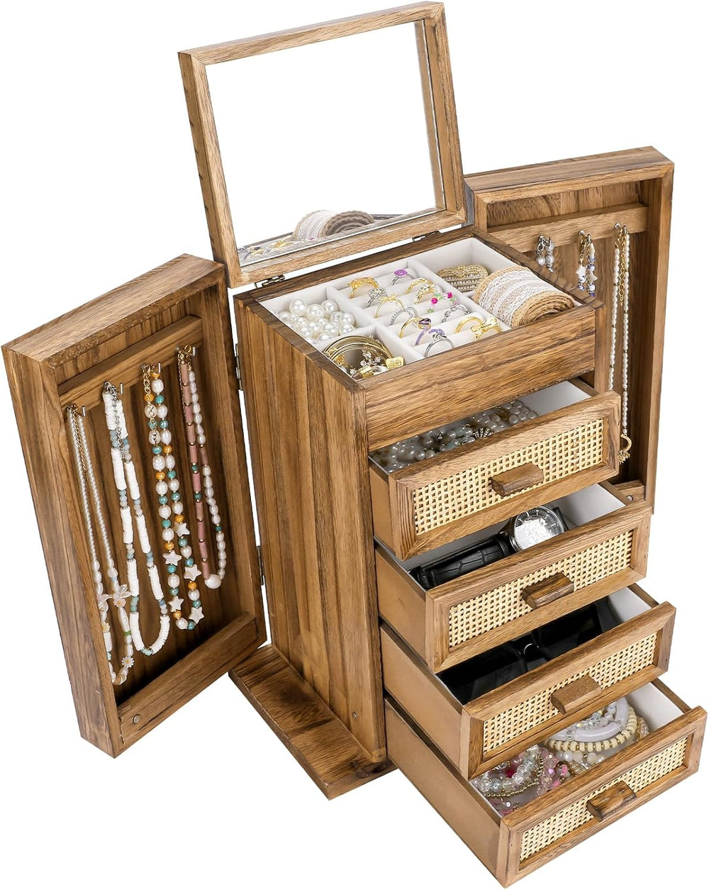 Jewelry Organizer, Rattan Jewelry Box, 5 Layer Wooden Jewelry Organizer Box w...
