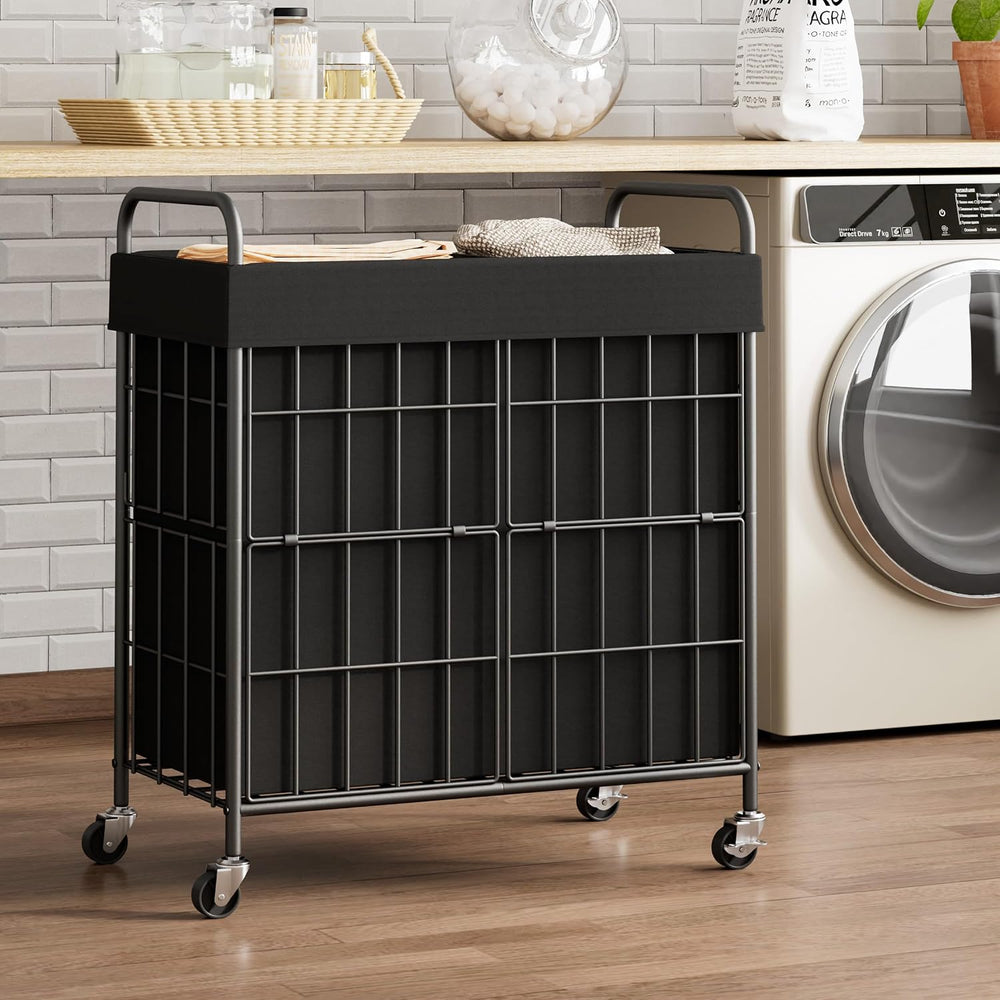 100L 2-Section Laundry Hamper with Wheels, Laundry Basket with Liner Bag