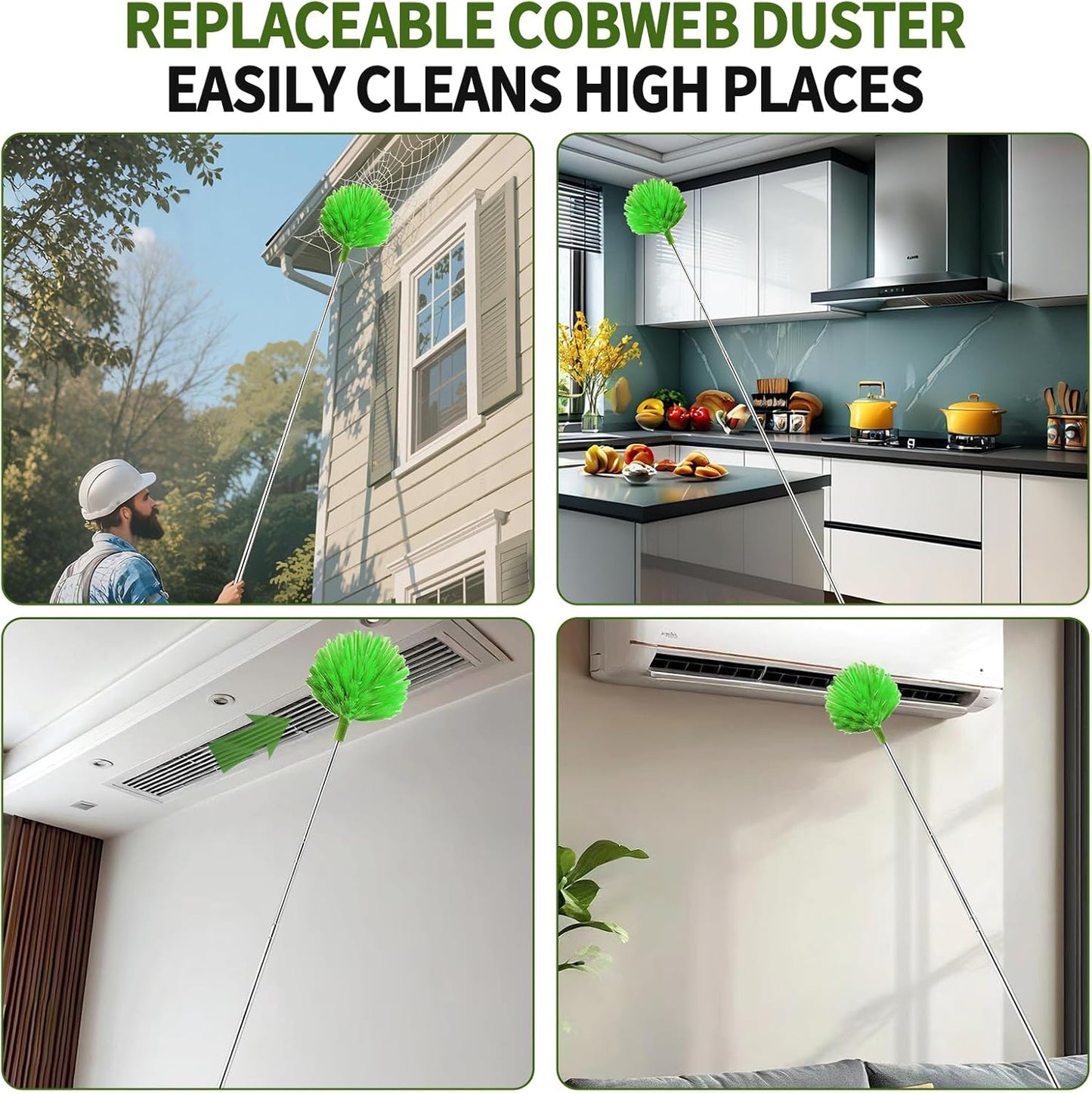 Cobweb Duster with Extension Pole, Washable Cleaning Duster Set with 2 Duster Heads, Corner Brush, 15-110-Inch Telescoping Pole for high Ceiling Fans, Long Duster for high Ceilings，Spider Web Brush