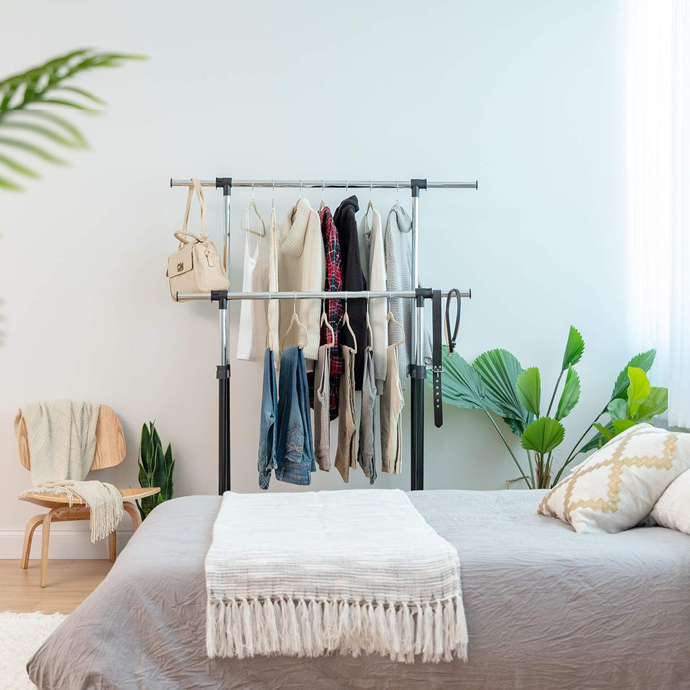 IRIS USA Portable Double-Rod Height Adjustable Clothes Rack with Extendable B...