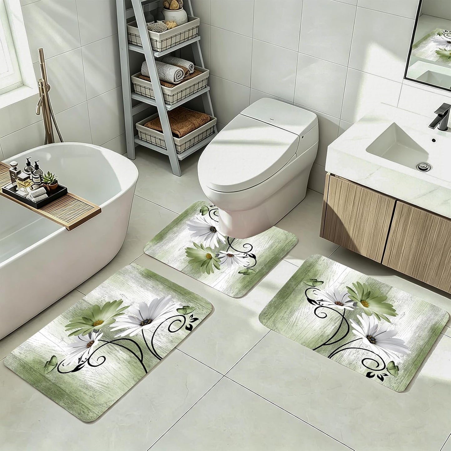 Onalasyc Bathroom Rug Sets 3 Piece,Green Daisy Rustic Farmhouse Flowers Butterfly Bath Rug Non Slip Quick Dry Diatomaceous Earth Bath Mat Wood Vintage Decor Washable Suitable for Bathroom,Tub,Shower