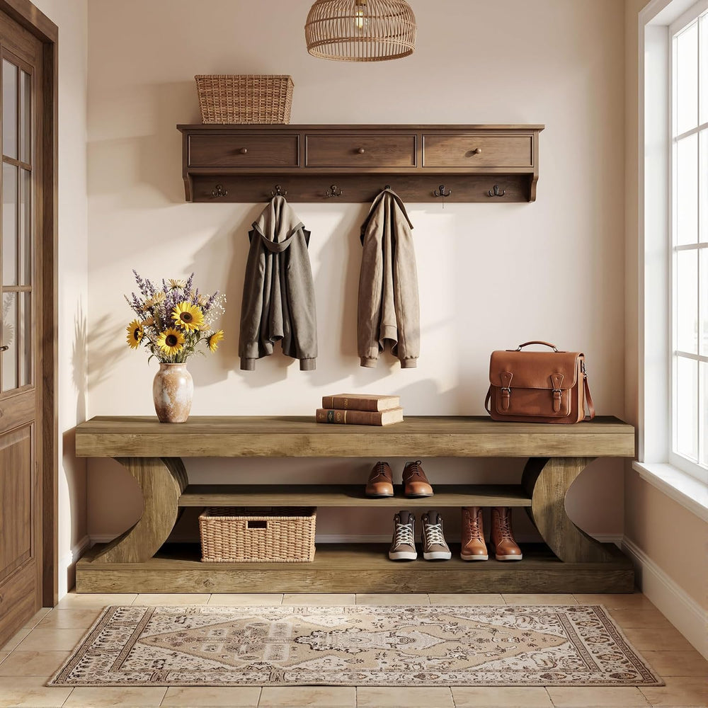 Tribesigns 63" Entryway Shoe Bench, 3-Tier End of Bed Bench with Open St...