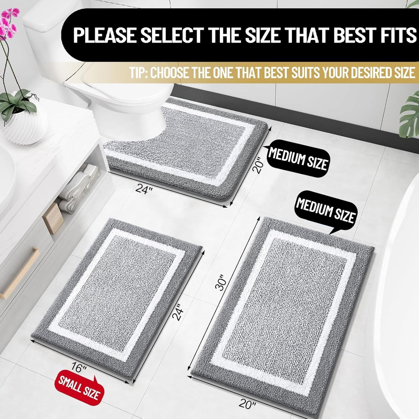 OLANLY Small Bathroom Rugs 24x16, Extra Soft and Absorbent Microfiber Bath Rugs, Non-Slip, Machine Washable, Quick Dry Shaggy Bath Carpet, Bath Mats for Bathroom Floor, Tub, Shower, Grey