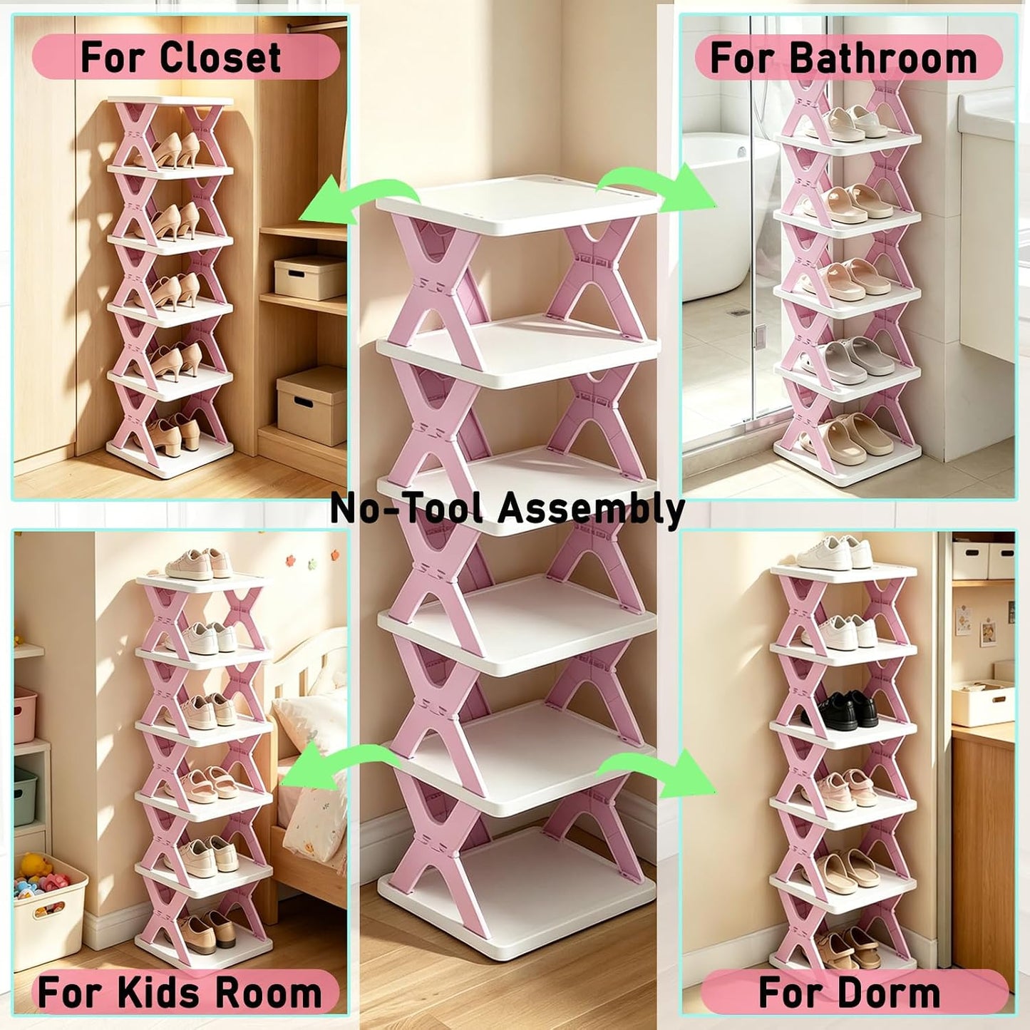6 Tier Foldable Pink Shoe Rack, Adjustable Vertical Kids Shoe Organizer | Compact Freestanding Narrow Shoe Storage Shelf, Tool-Free Assembly Space Saving Shoe Holder for Entryway, Closet & Kids Room