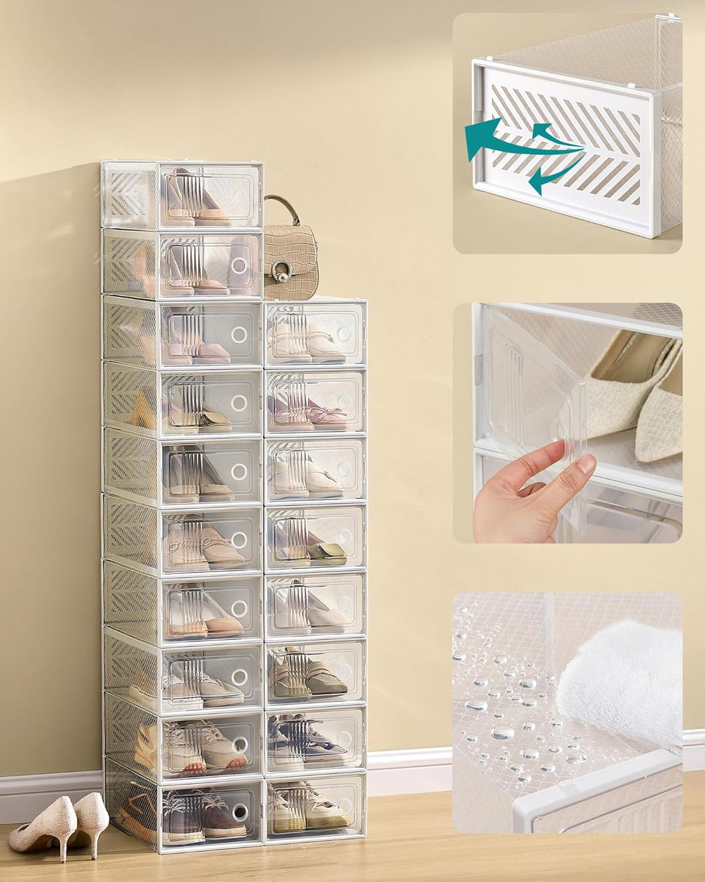 SONGMICS Stackable Shoe Boxes, Foldable, Ventilated Clear, Set of 18
