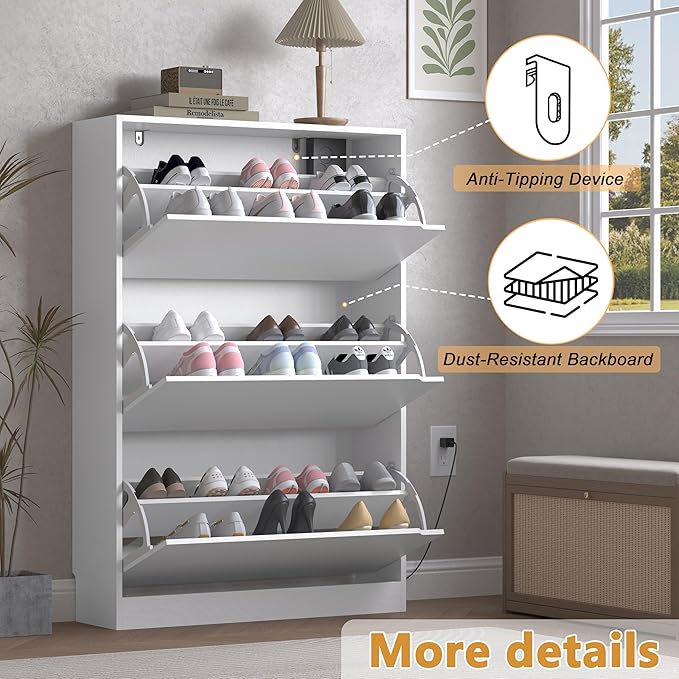 Shoe Cabinet with Odor Control and Back Panels, Deodorizing Slim 3-Flip Shoe - Image 6