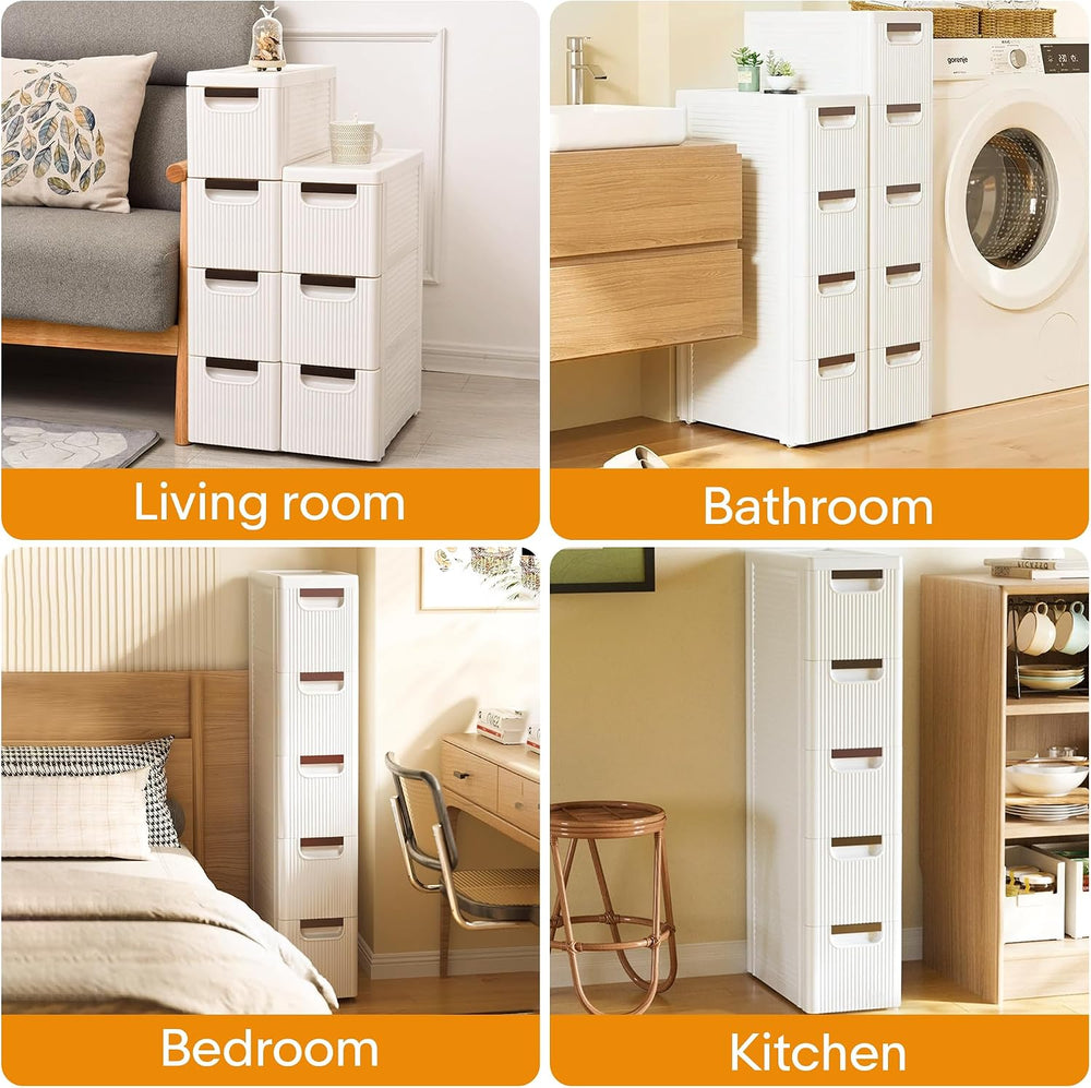 3 Drawer Slim Bathroom Cabinet, Narrow Rolling Cart Organizer, White