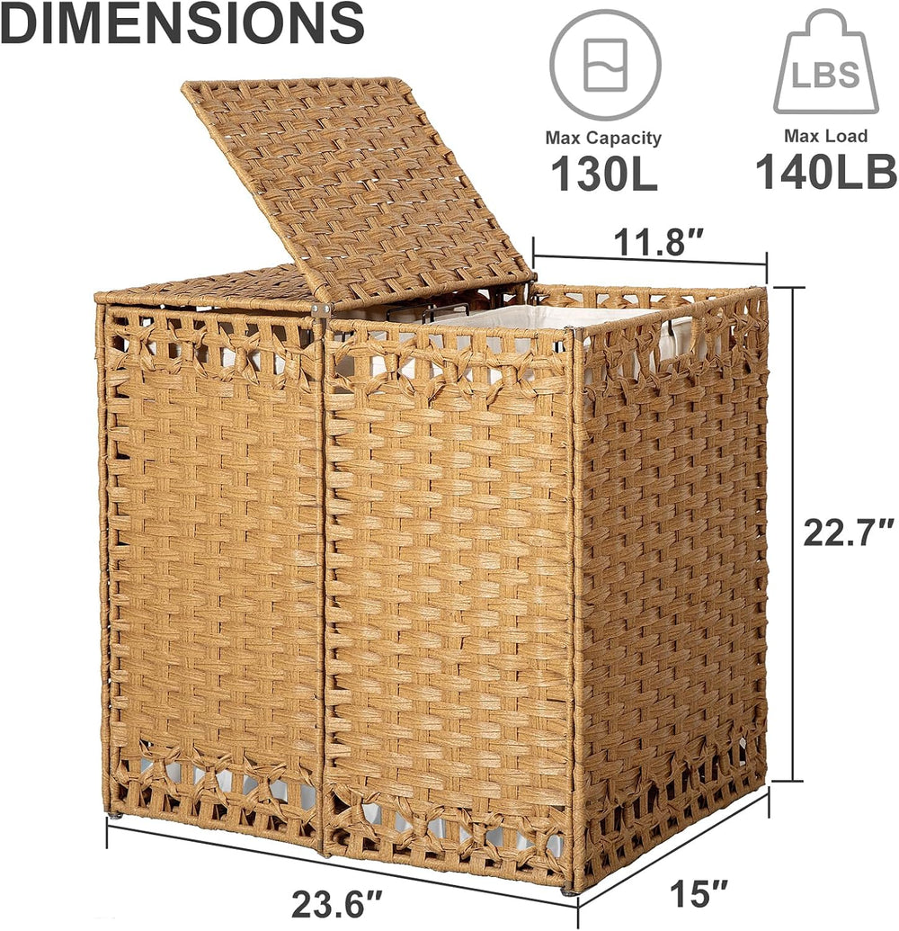 130L Foldable Laundry Hamper with Lid - Handwoven Rattan Storage Basket, 2-Se...