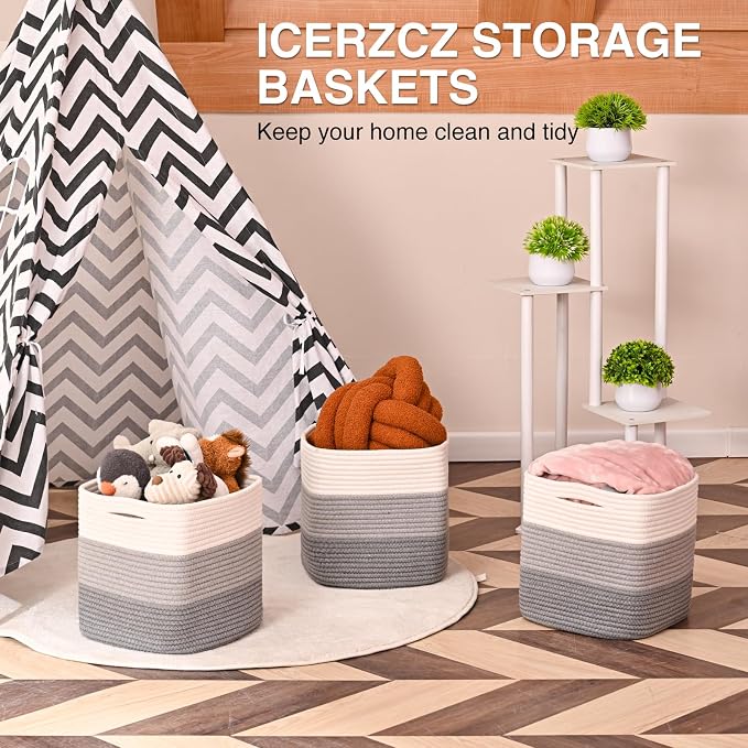 11 Inch Cube Storage Bins, Storage Cube Organizer Bins, Woven Cotton Rope Basket - Image 6