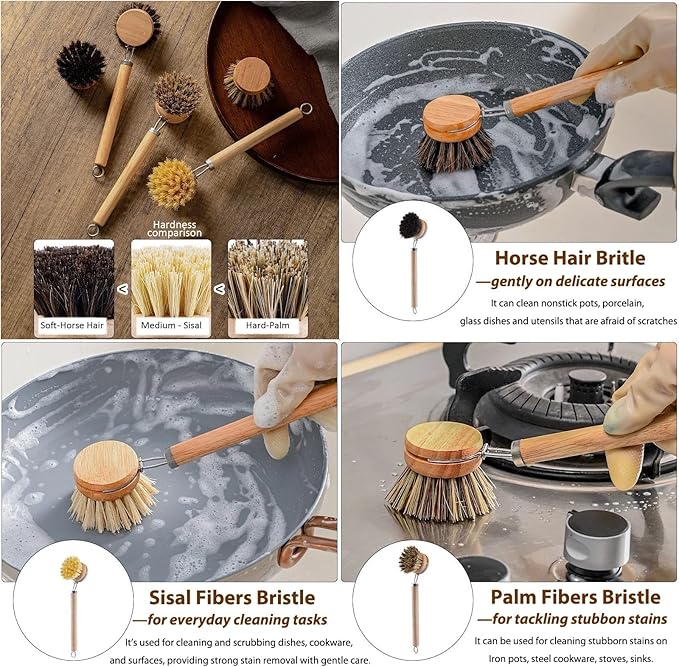 Bamboo Dish Brush with Handle, 1 Sturdy Wooden Handle with 3 Natural Bristle - Image 4