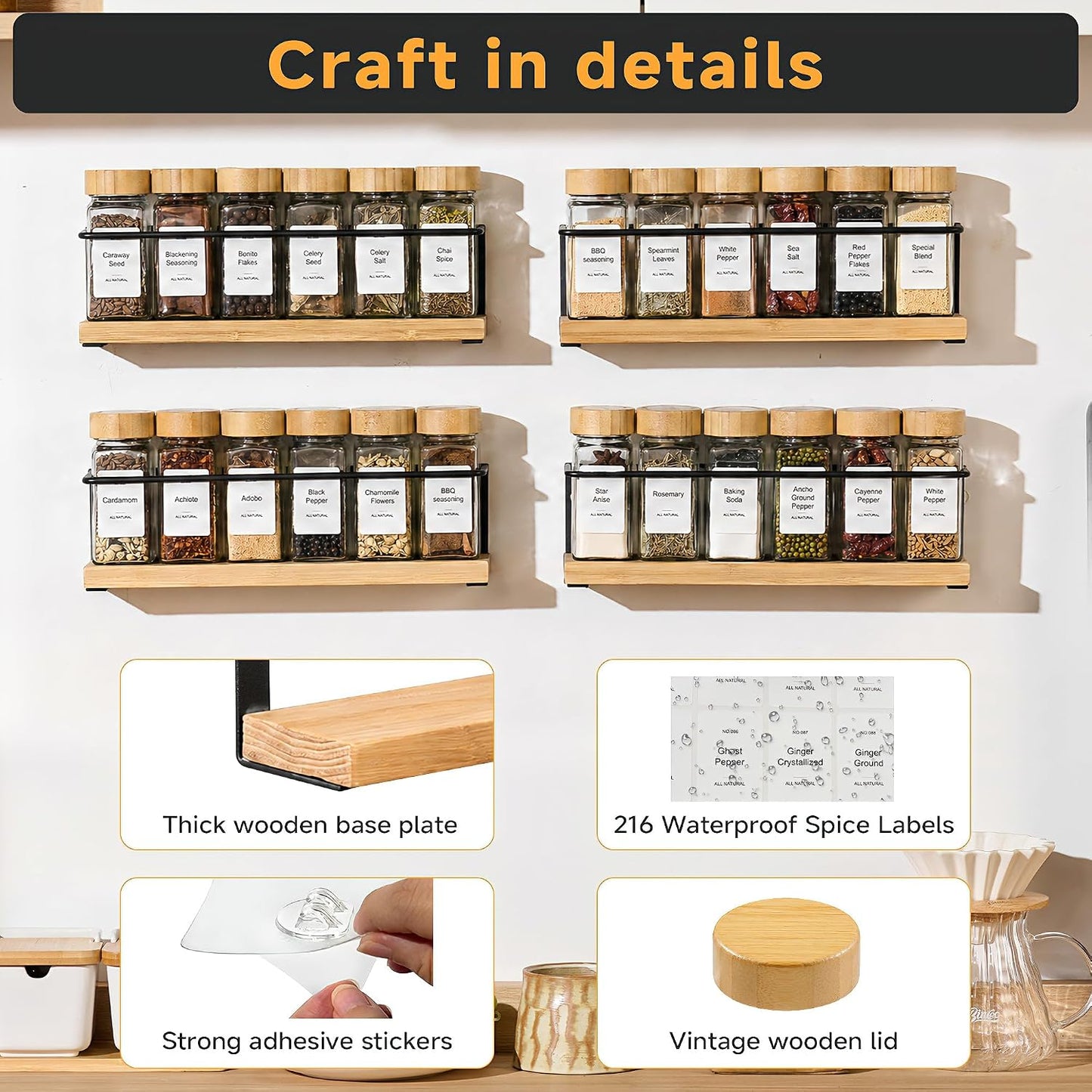 4-Tier Wall Mount Spice Rack Organizer with 24 Glass Jars, 216 Labels & Funnel - Screw/Adhesive Mount, Black Metal & Bamboo Spice Storage for Kitchen Pantry Cabinet, 11.6”W x 2.4”D x 3.2”H