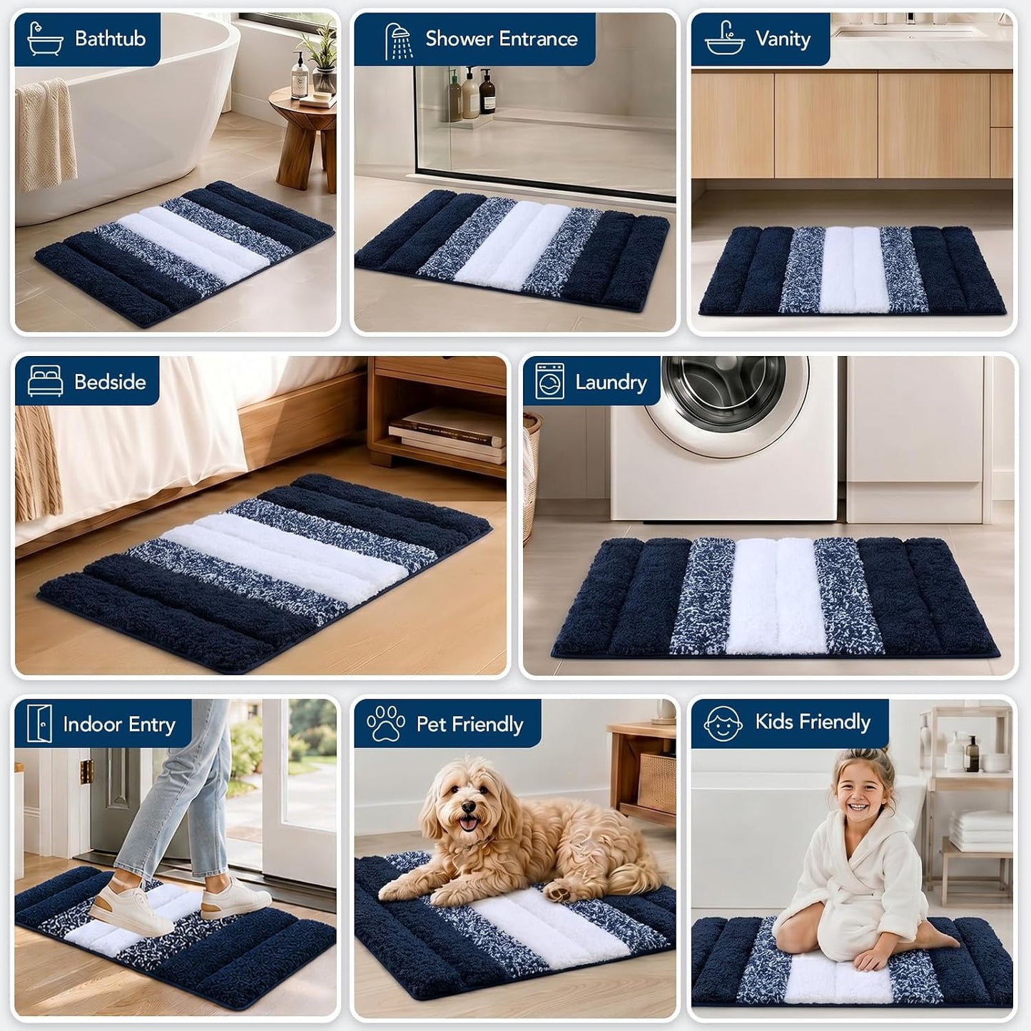 XIYUNTE Thick Bathroom Rug - 32"x20" Extra Soft Blue and White Microfiber Bath Rugs, Quick Dry Super Absorbent Rubber Backing Non Slip Washable Bath Mat for Floor Tub Shower