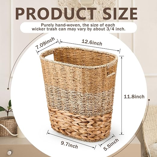 2 Pcs Wicker Trash Can with 50 Small Trash Bag Wicker Waste Woven Basket with - Image 2