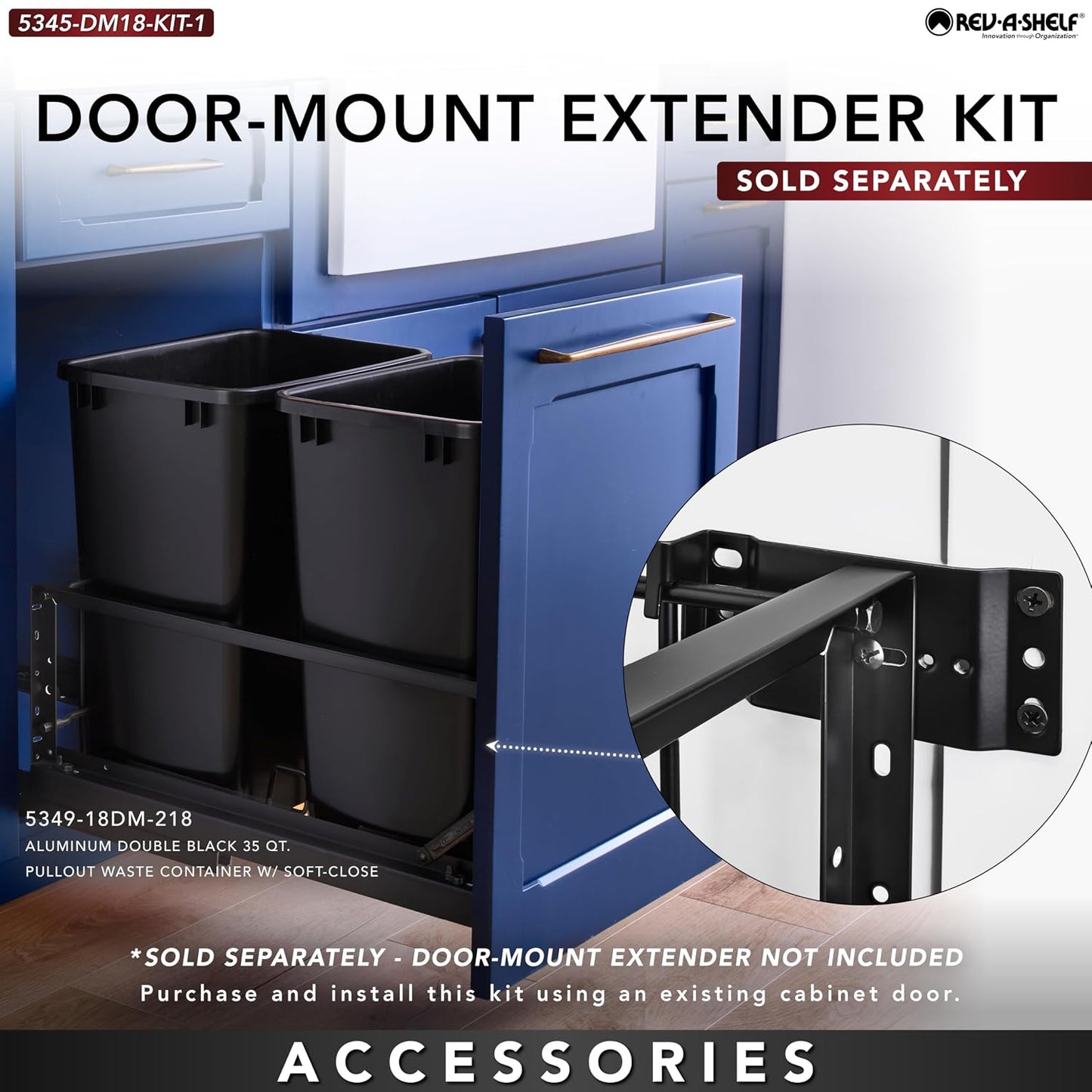 Rev-A-Shelf Aluminum Double Pullout Waste Container for Kitchen Base Cabinets, 50 Qt Trash Can with Soft-Close Slides, Black, 5349-2150DM-218