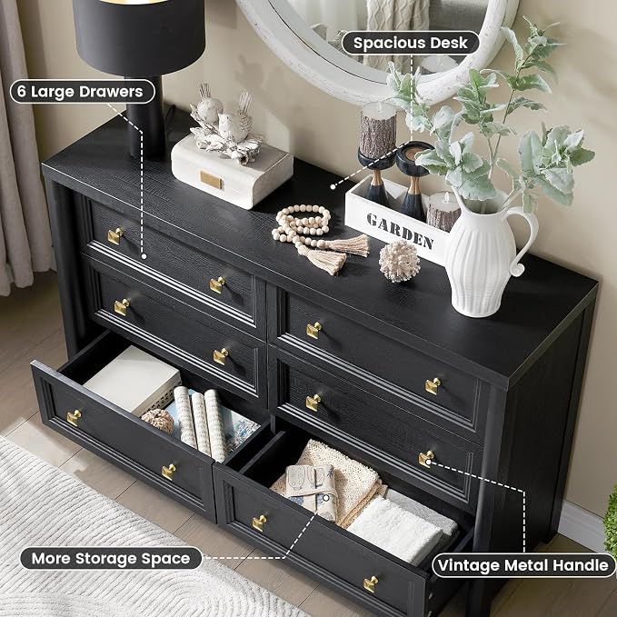 Black Dresser, Farmhouse 6 Drawer Dresser - Image 7