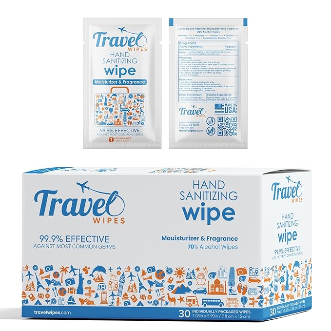 Hand Sanitizing Travel Wipes – 30ct Individually Wrapped | Fresh Citrus Scent by TravelWipes