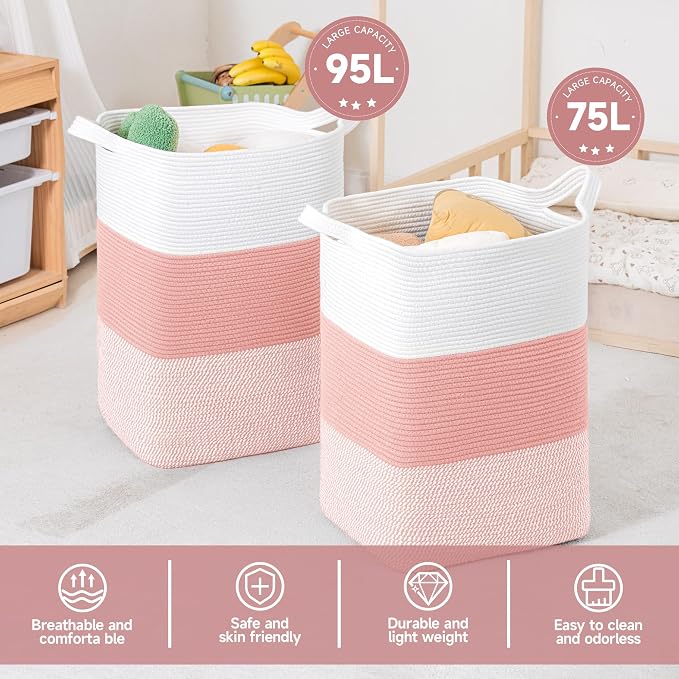 CLHMILY&Z 95L Laundry Basket Rectangular Pink Rope - Image 4
