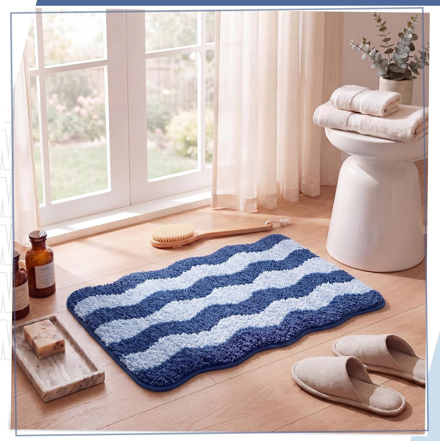 Nuanchu Cute Scalloped Bathroom Rug, Plush Tufted Absorbent Soft Wave Striped Bath Mat 24"x16", Non-Slip Washable Floor Carpet for Bathroom Bedroom Kitchen(Cobalt Blue & Sky Blue)
