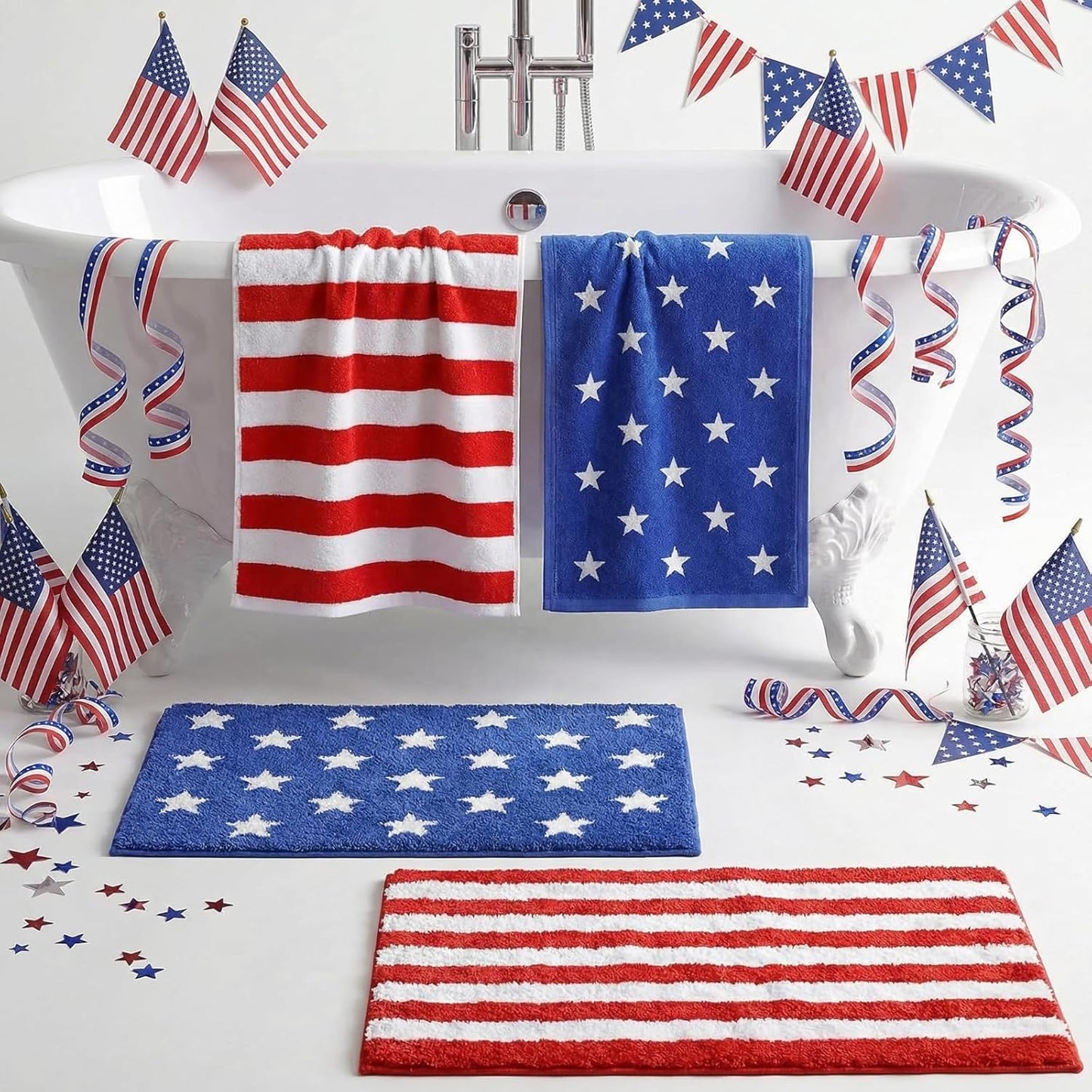 Breling 4 Pcs 4th of July Bathroom Rugs and Towels 250th Anniversary Red and White Striped Rugs and Towels Patriotic Non Slip Soft Absorbent Bath Mats for Independence Day Bathroom Home Decoration