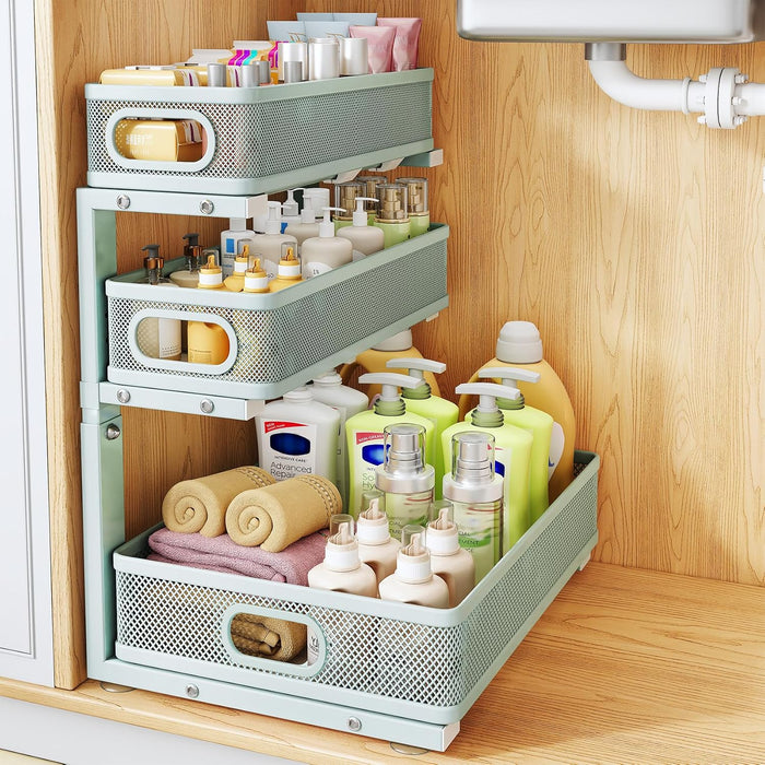 Under Sink Organizer, 3-Tier Thickened Metal Pull out Cabinet Organizer Shelf, Height Adjustable Slide out Storage Drawer Rack for Kitchen Bathroom Pantry Laundry Home, 1-Pack, LightBlue