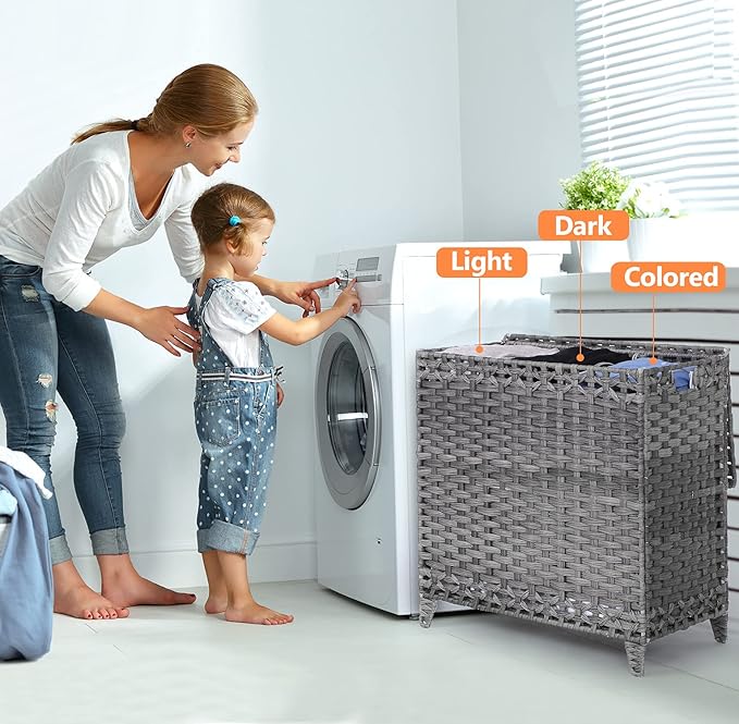Laundry Hamper with 3 Removable Liner Bags; 132L Handwoven Rattan Laundry - Image 2