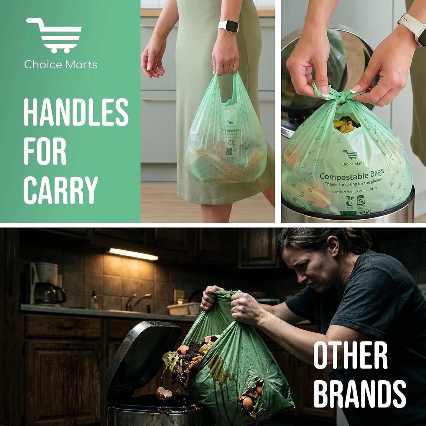 50 Home Compostable Trash Bags 1.6 Gallon Easy Tie Handles | Certified Home Compostable, Leak Resistant Kitchen Compost Bags, Easy Tie Handles, Fits Most Countertop Bins