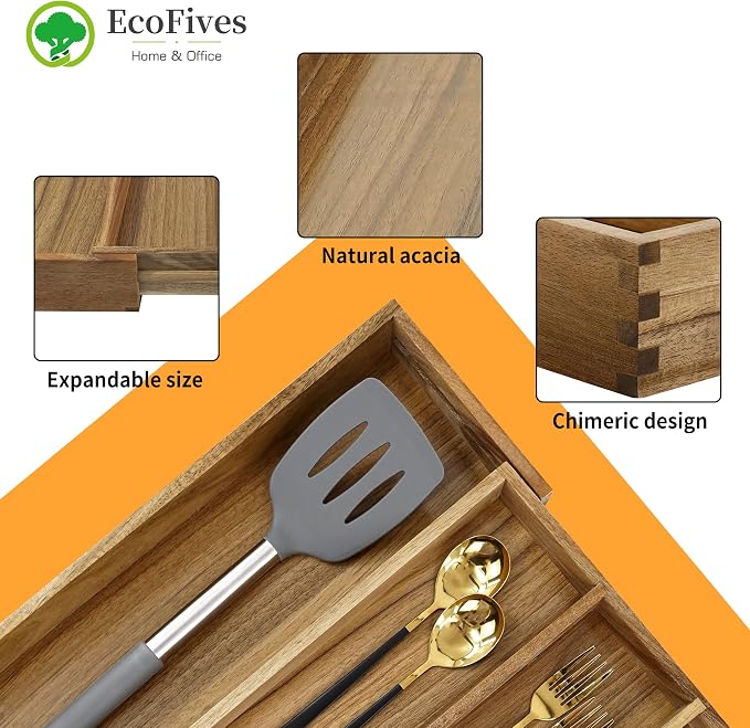 Luxury Acacia Silverware Organizer -Kitchen Drawer Organizer - Image 5