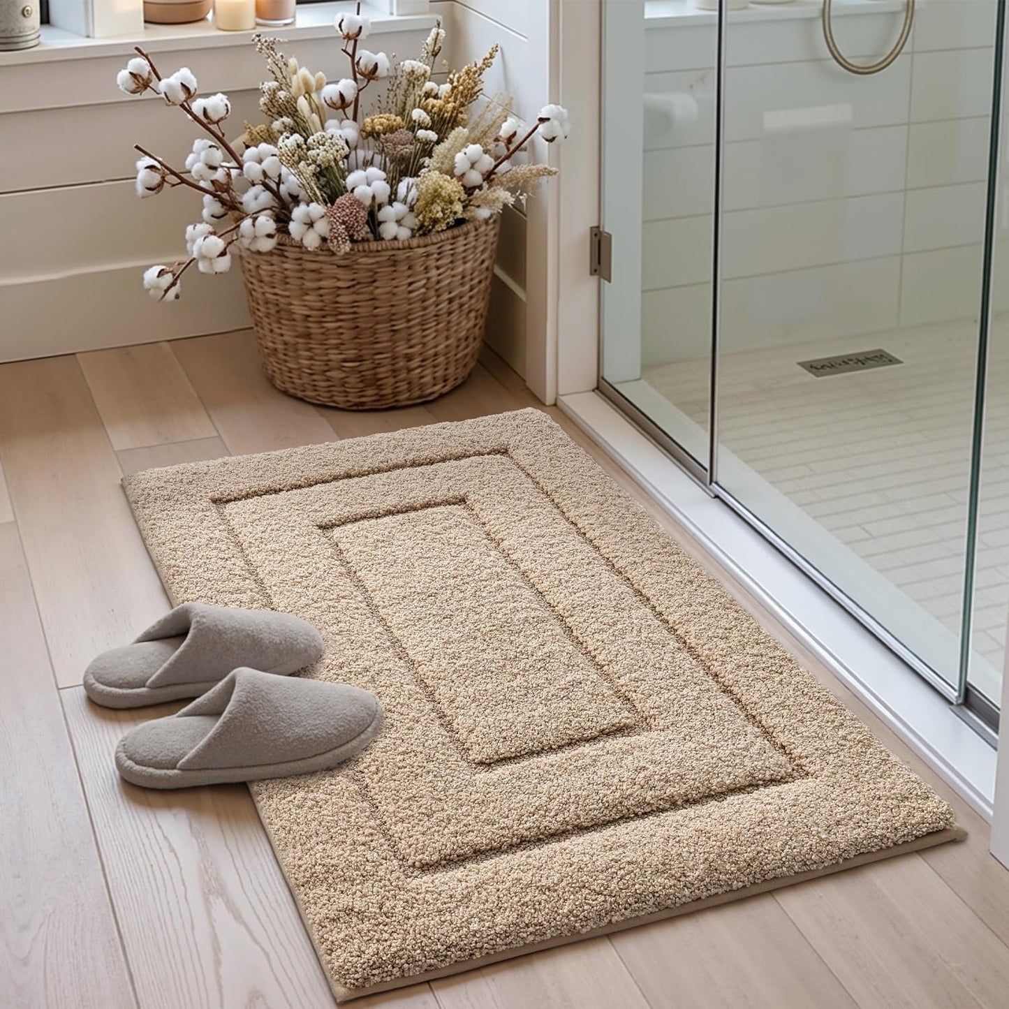 DEXI Bathroom Rug 43x24, Non Slip Washable Bath Mat for Shower Floor, Extra Large Absorbent Soft Bathmat with Rubber Backing, Quick Dry Microfiber Carpet, Beige