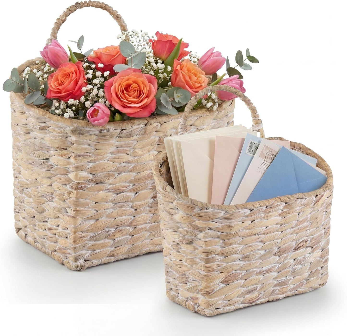 Set of 2 White Wicker Hanging Baskets for Front Door, Mail, Flowers & Organizing