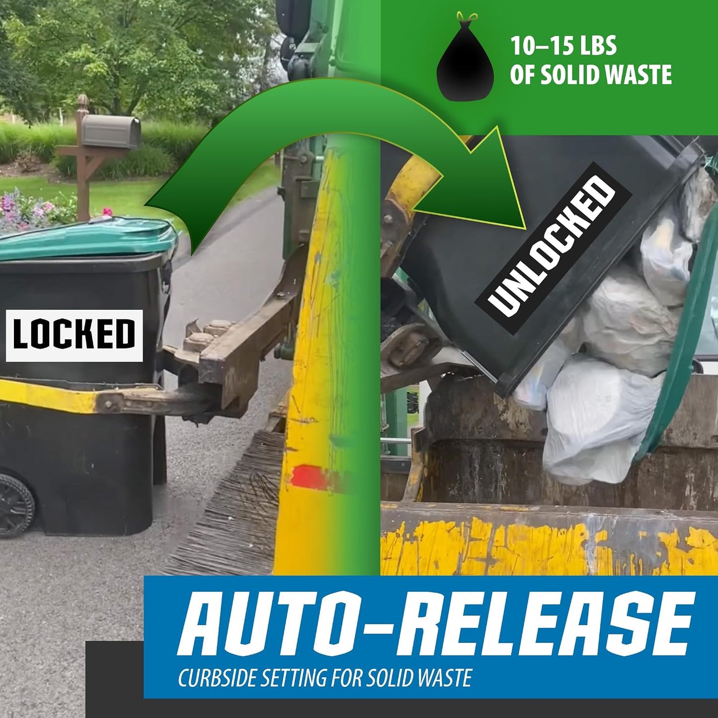 Blazer Brand Strong Strap AUTO Outdoor Trash Lid Lock – Curbside Gravity Release Setting, Fits 32–96 Gallon Cans, No Tools Required (1 Pack) Mitigate Pests, Wind, Overflow, and Spillage
