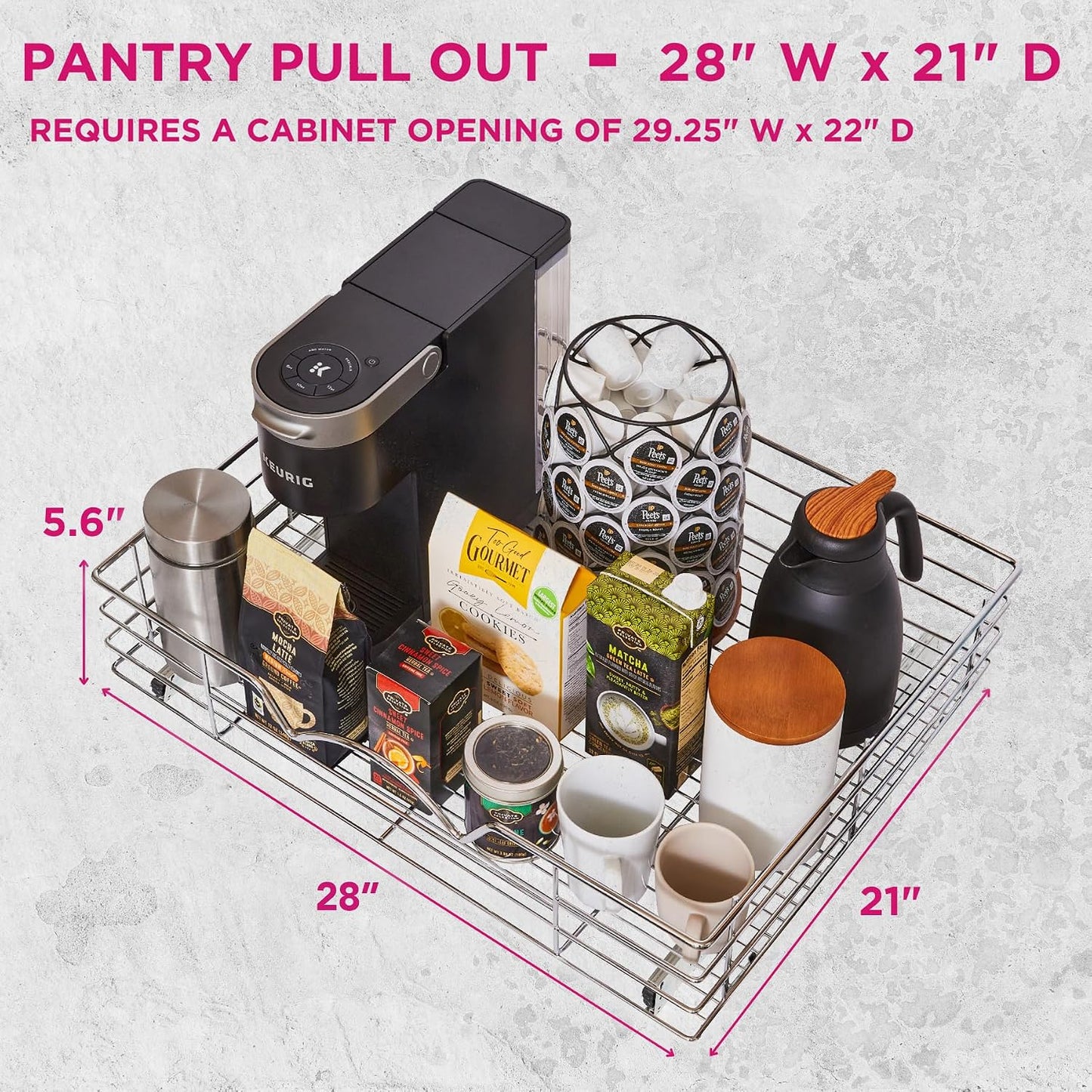 HOLDN’ STORAGE Pull Out Cabinet Organizer, Pantry Drawer, 28"W x 21"D x 5"H | Heavy-Duty Full-Extension, Roll Out Shelf for Pots, Pans & Under Sink Storage, Chrome, Require a 29.25"W Cabinet Opening